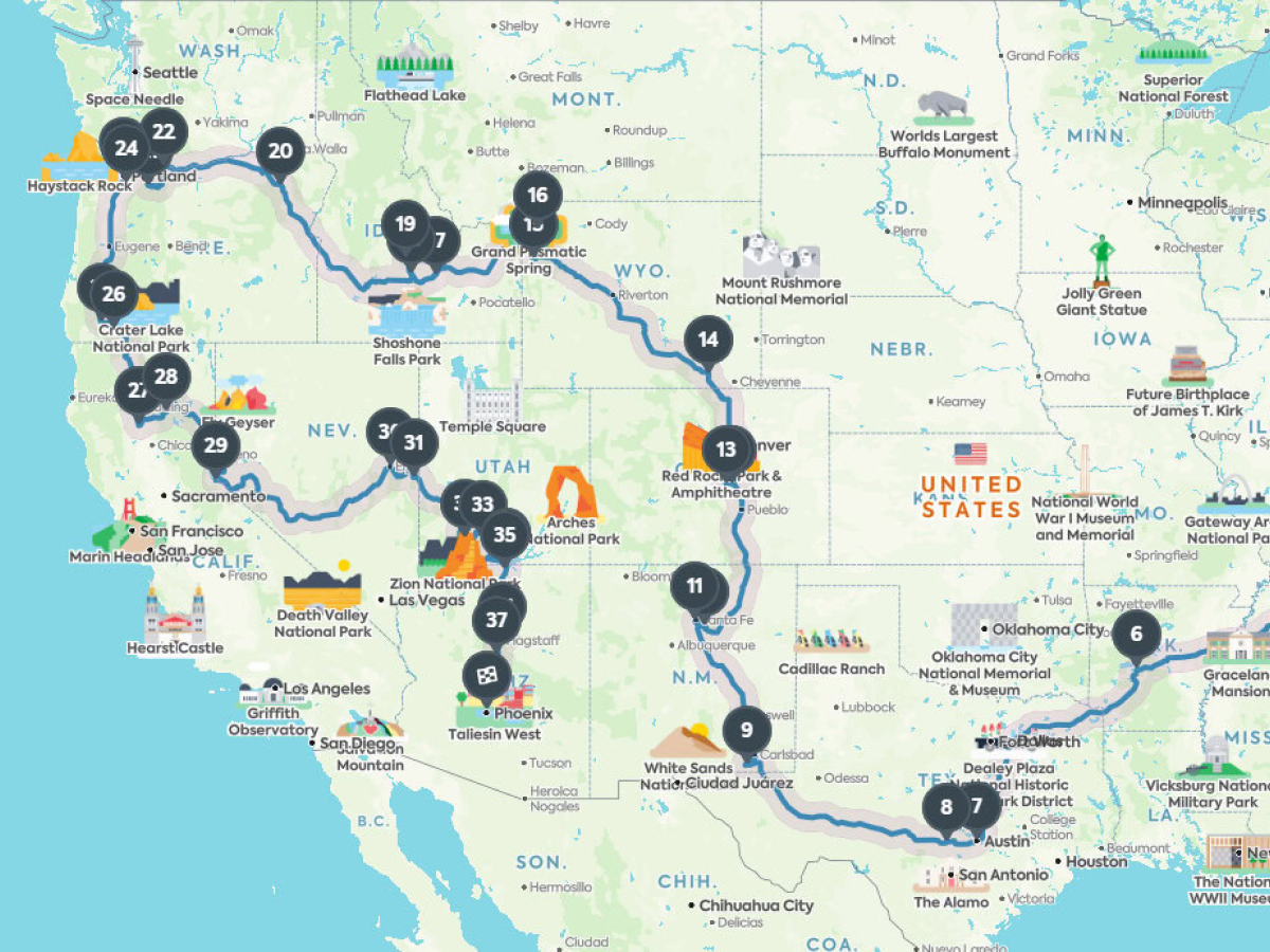 A road trip route map with numbered stops along the way
